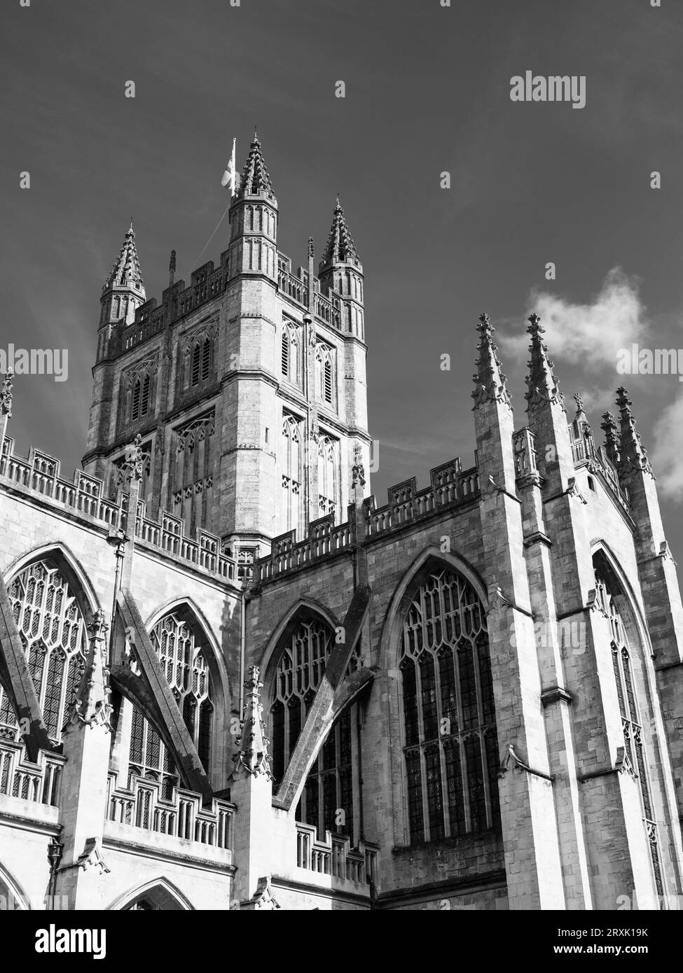 B&W Bath Abbey, The Abbey Church of Saint Peter and Saint Paul, Bath, Somerset, Inghilterra, Regno Unito, GB. Foto Stock