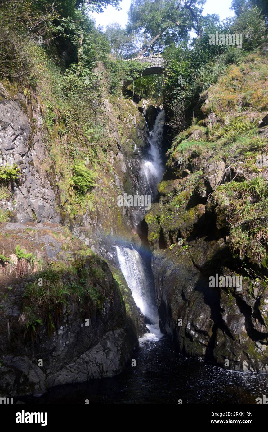 Stone Bridge sopra le cascate Aira Force sul sentiero Ullswater Way nel Lake District National Park, Cumbria, Inghilterra, Regno Unito Foto Stock