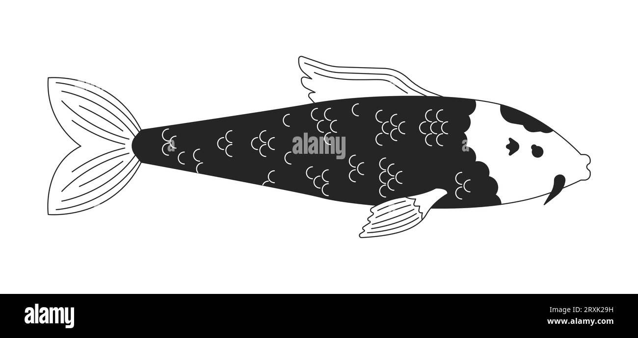 Carpa ornamentale in cartone animato in 2D in bianco e nero Illustrazione Vettoriale