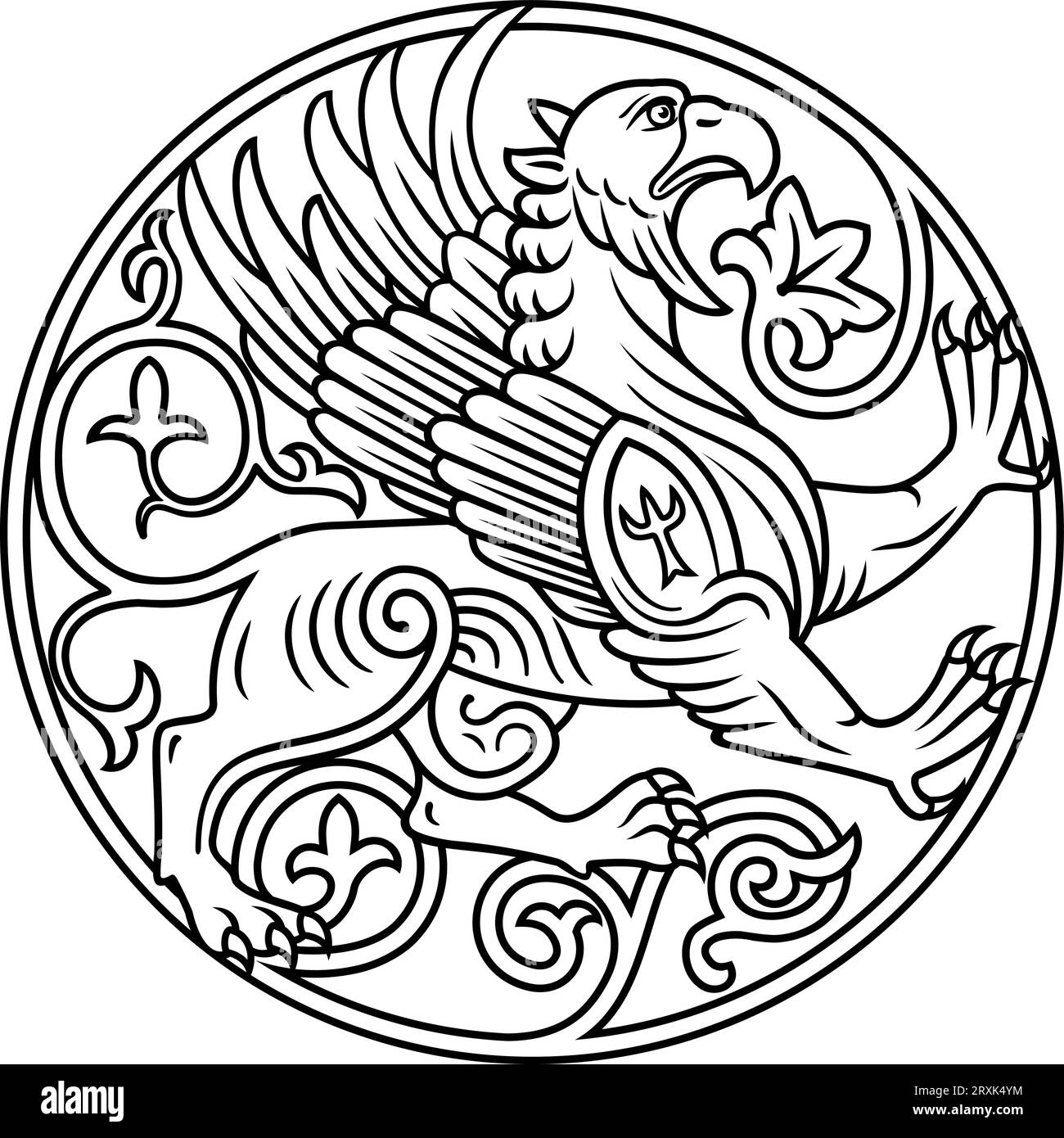 Griffin raffigurato in un anello. Simbolo araldico, distintivo. Contorno clipart vettoriale isolato su bianco. Illustrazione Vettoriale