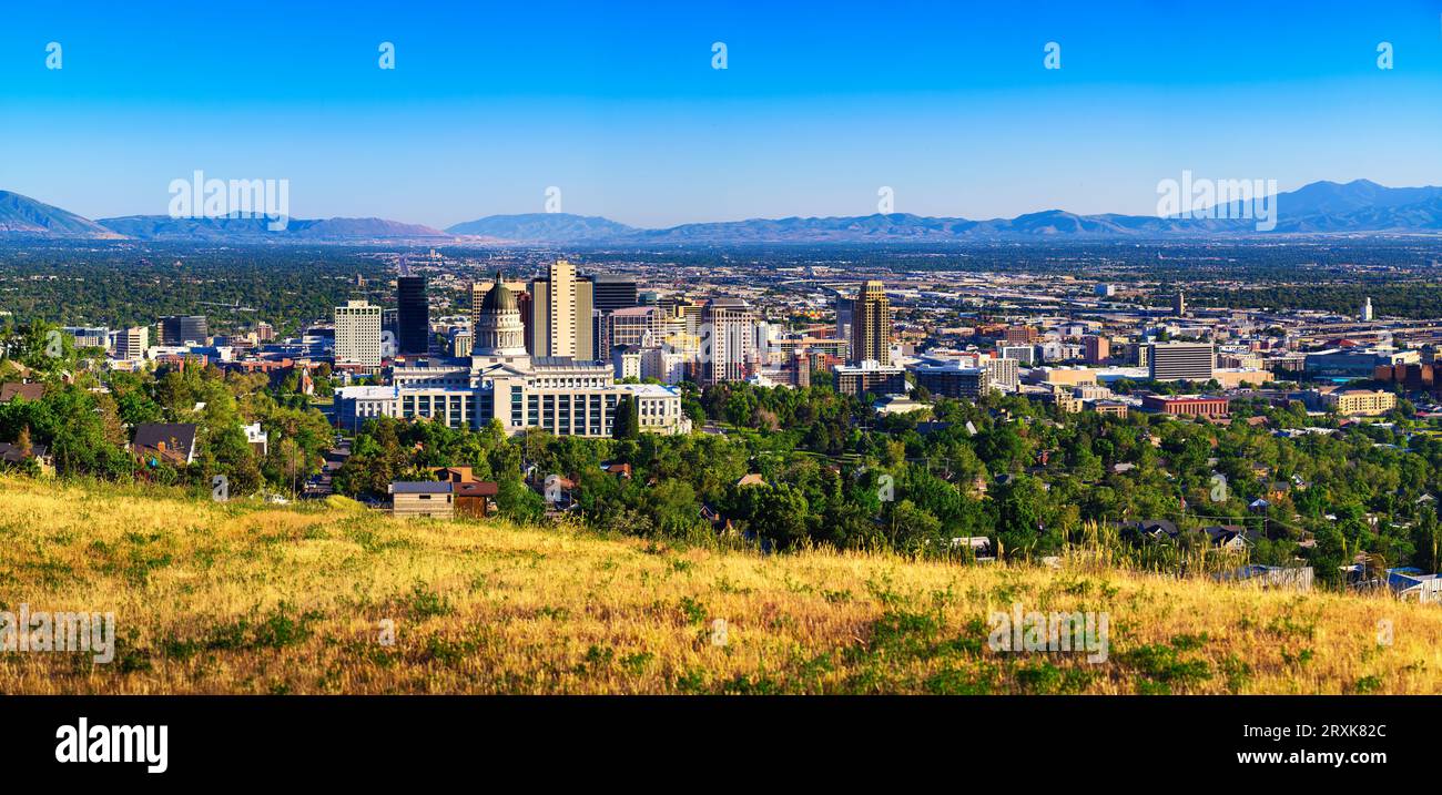 Panorama dello skyline di Salt Lake City con il Campidoglio dello Utah Foto Stock