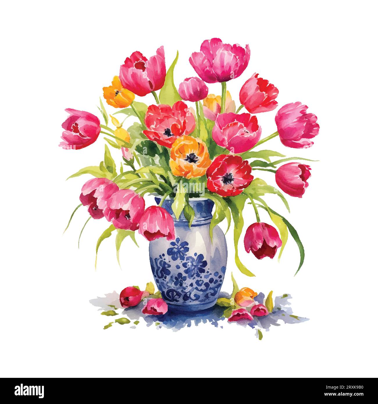 Bouquet di tulipani acquerelli in vaso su sfondo bianco. Illustrazione Vettoriale