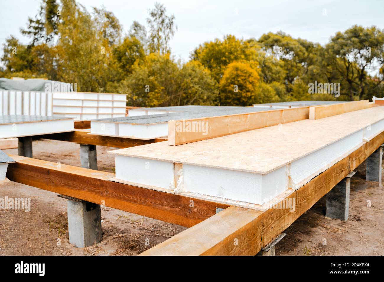 Costruzione di case con telaio in legno realizzate con pannelli isolati strutturali SIP. Scheda per trefoli orientata OSB, polistirene espanso EPS. Energia-effica Foto Stock