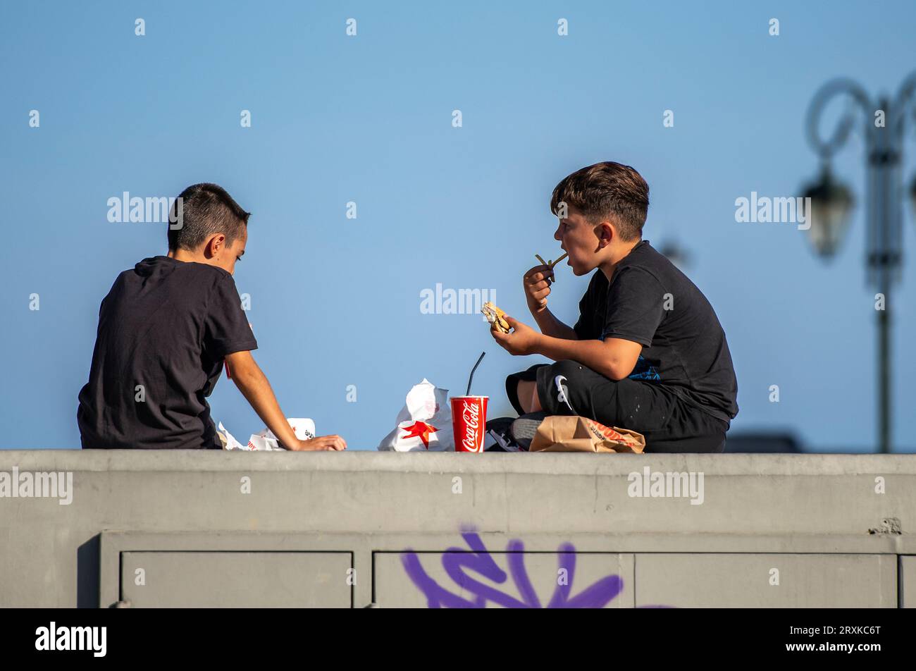 due giovani ragazzi seduti su un muro che condividono il pranzo insieme a coca e hamburger contro un cielo azzurro Foto Stock