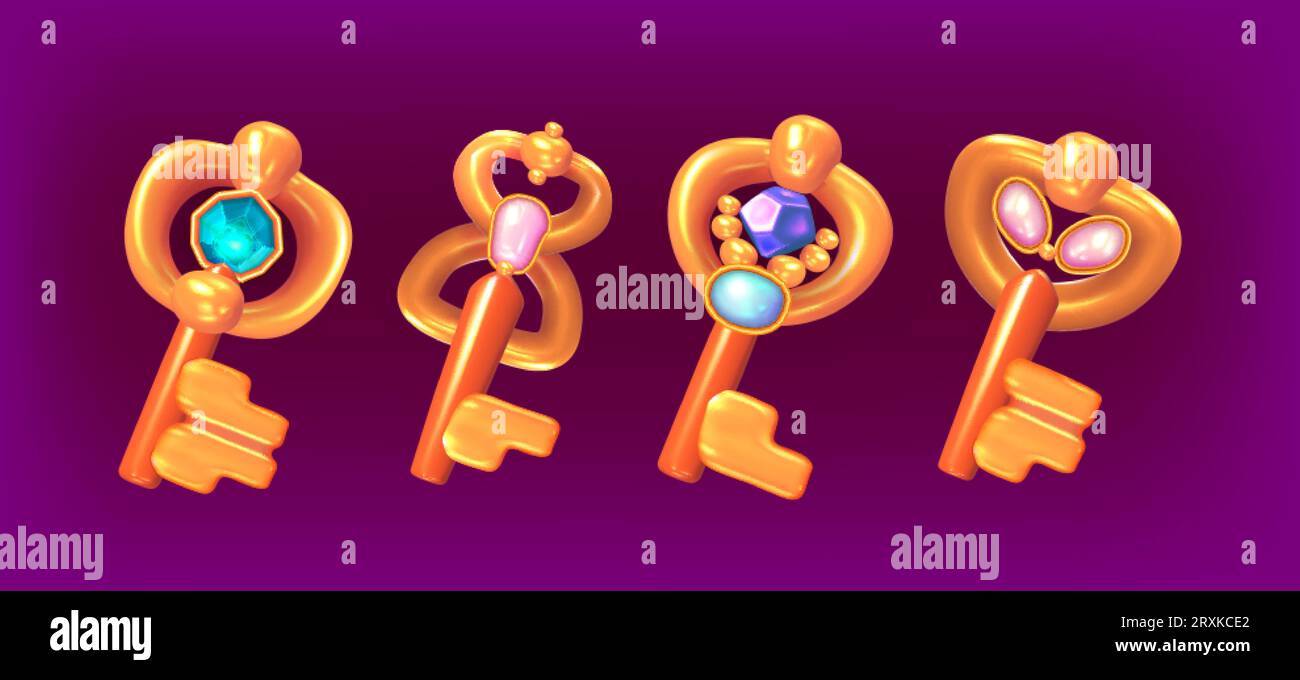 Set di vecchi tasti dorati elementi ui con pietre preziose e cristalli luminosi. Collezione di oggetti di gioco, premi di livello. Elementi di progettazione GUI, oggetti magici. Grafica a cartoni animati per ricerca, rpg o arcade. Illustrazione Vettoriale