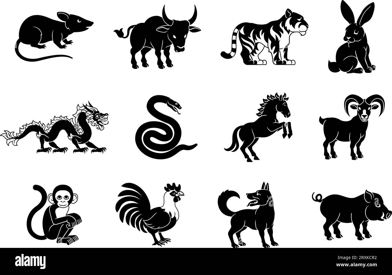 Oroscopo Cinese Zodiaco Animali anno segni Set Illustrazione Vettoriale