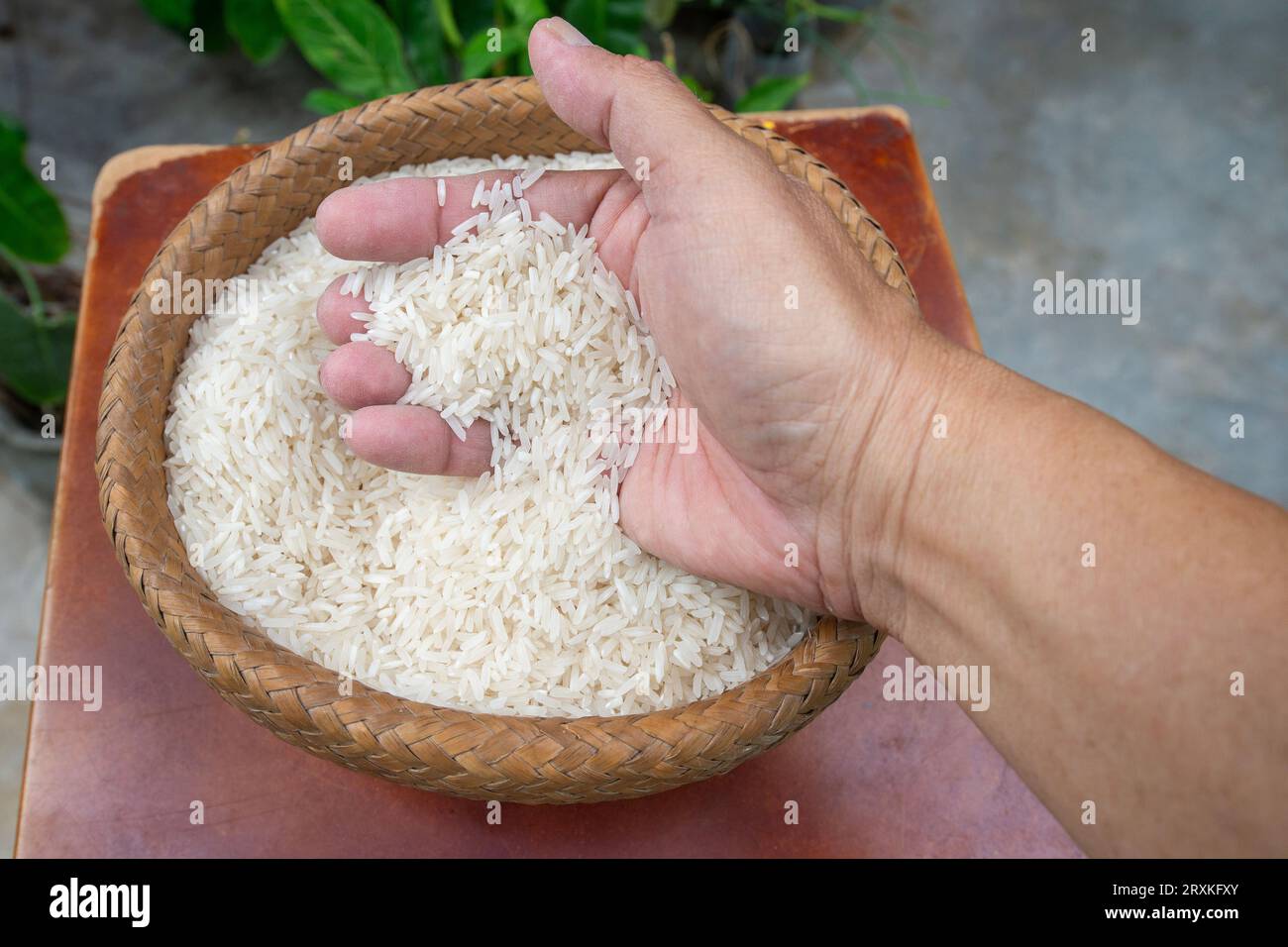 Qualcuno che mostra il riso dal cesto di legno in mano. Foto Stock