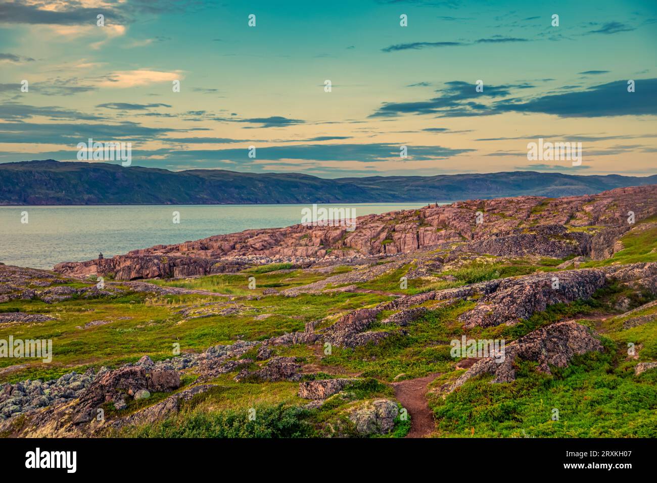 La pittoresca costa del Mare di Barents. Notte Bianca. Foto Stock