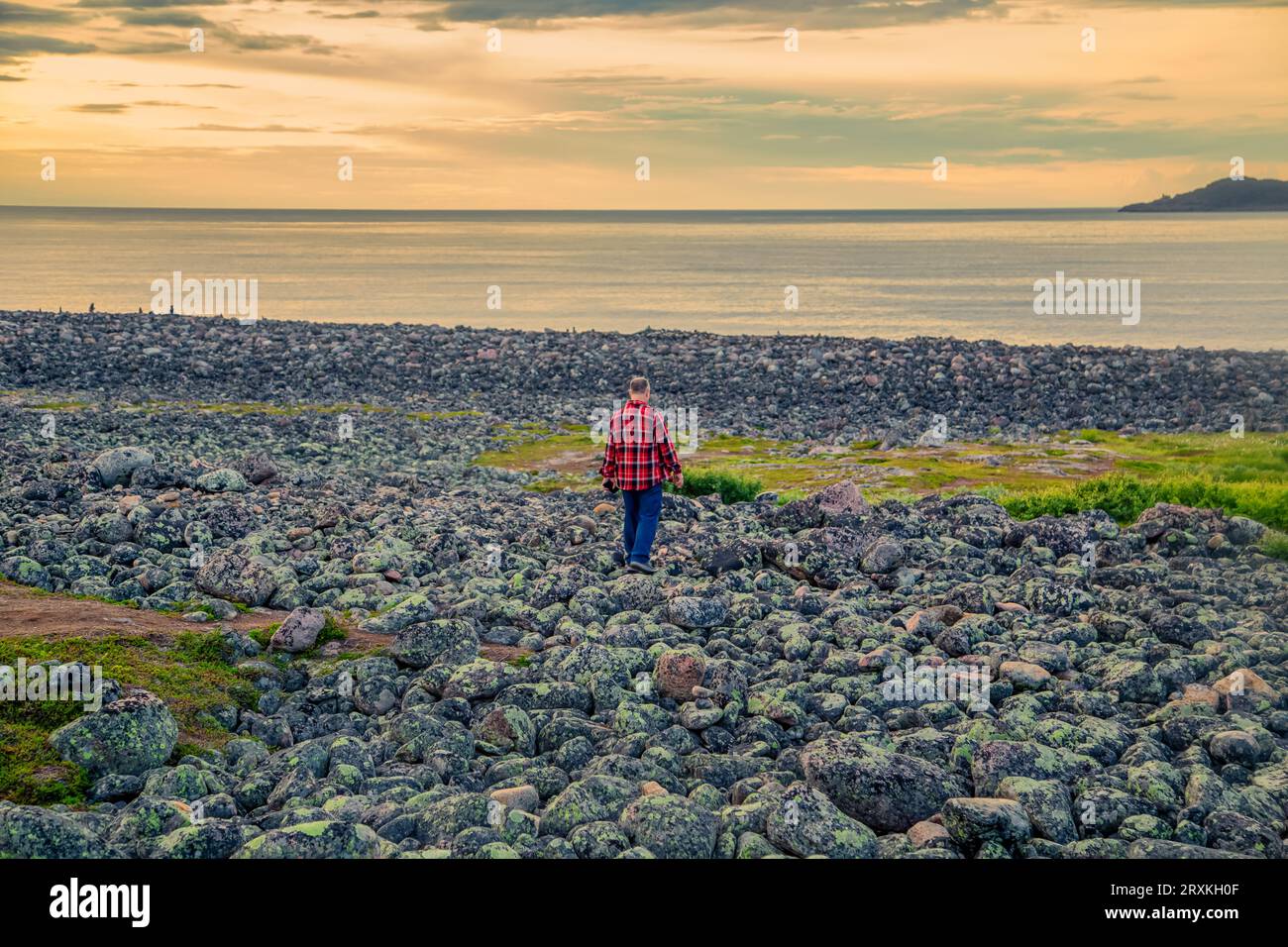 Spiaggia "Dragon Eggs" sulla riva del Mare di Barents. Quartiere del villaggio di pescatori settentrionale di Teriberka. Foto Stock