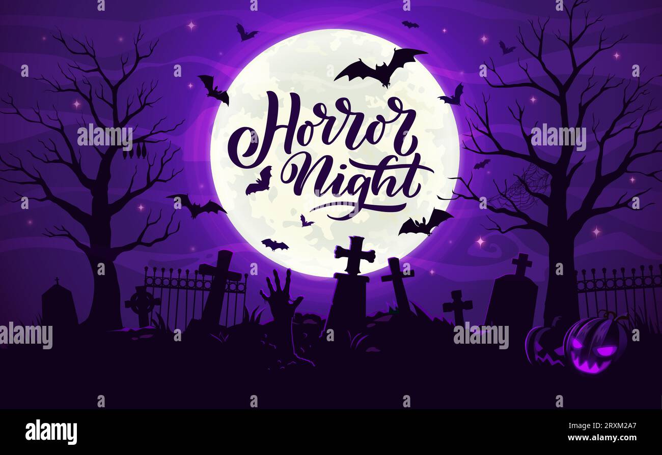 Paesaggio del cimitero di Halloween con lapidi, pipistrelli volanti e mani di zombie, poster vettoriale per le vacanze. Lo striscione celebrativo di Halloween della notte dell'orrore con la luna di mezzanotte e le mani morte formano tombe sul cimitero Illustrazione Vettoriale