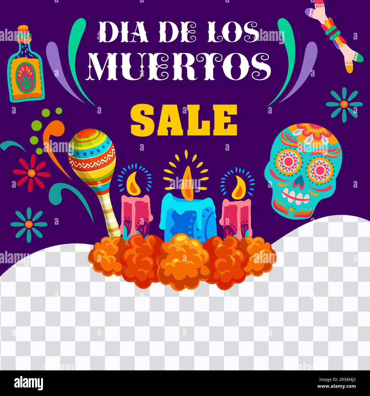 Modello di banner per la vendita natalizia messicana di dia De Los Muertos Day of the Dead. Marigolds vettoriali, candele e teschio di zucchero del Messico offerta speciale Halloween poster web, calavera, fiori, tequila e maracas Illustrazione Vettoriale