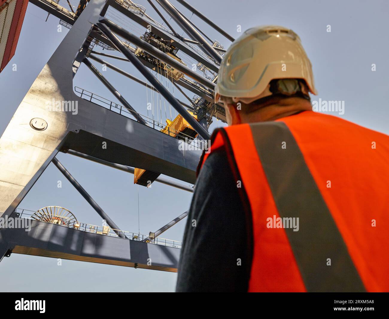 Basso angolo di visualizzazione dock lavoratore sotto la gru al porto di Felixstowe, Inghilterra Foto Stock