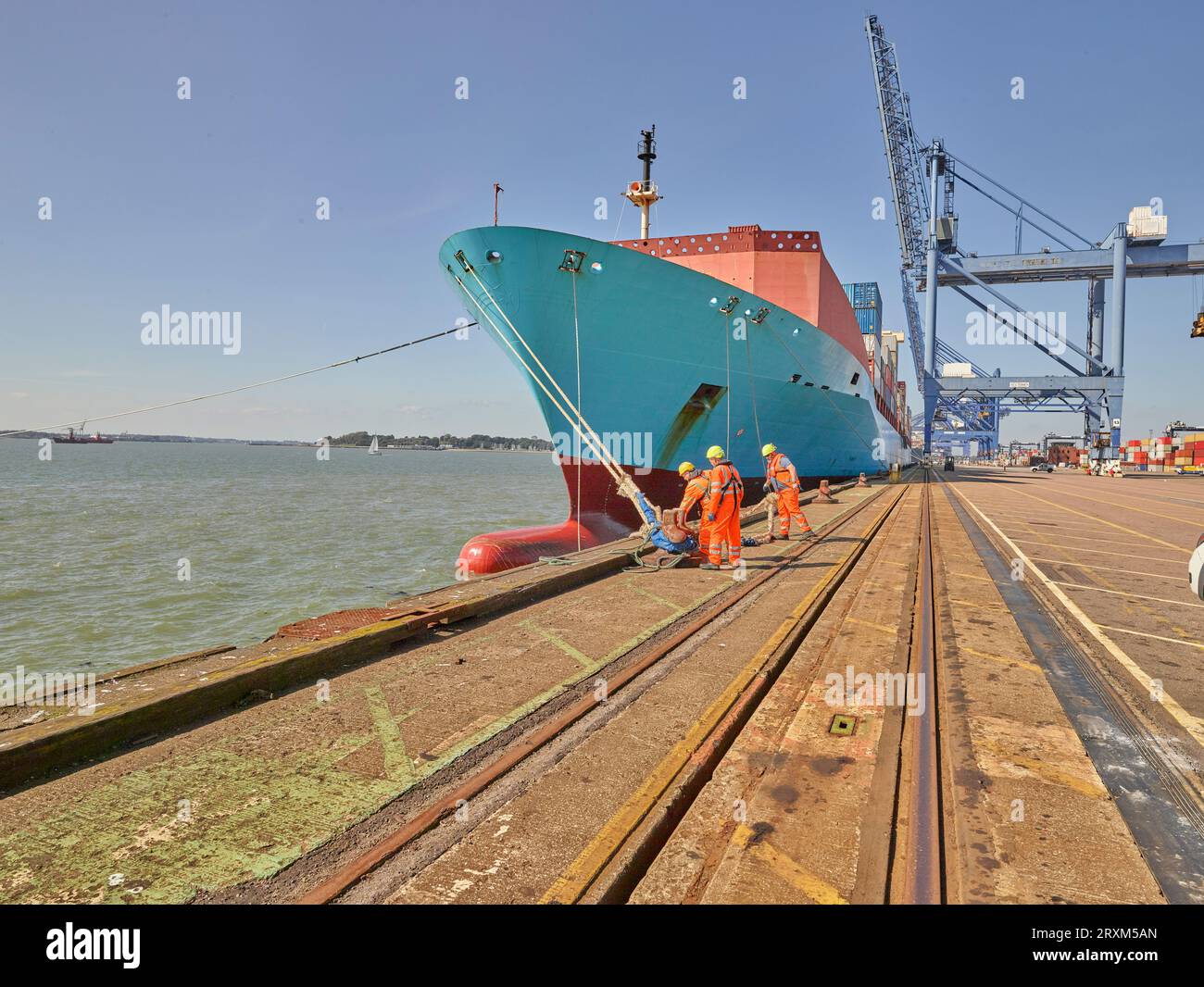 I lavoratori portuali fissare ormeggi per nave da carico al porto di Felixstowe, Inghilterra Foto Stock