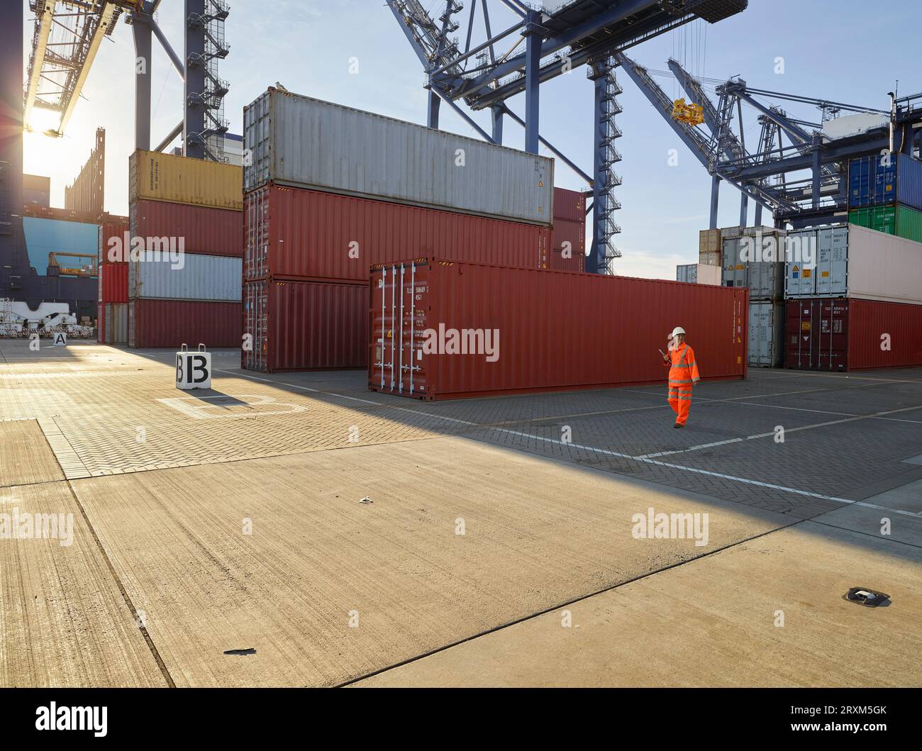 Lavoratore Dock dalla pila di contenitori di carico nel porto di Felixstowe, Inghilterra Foto Stock