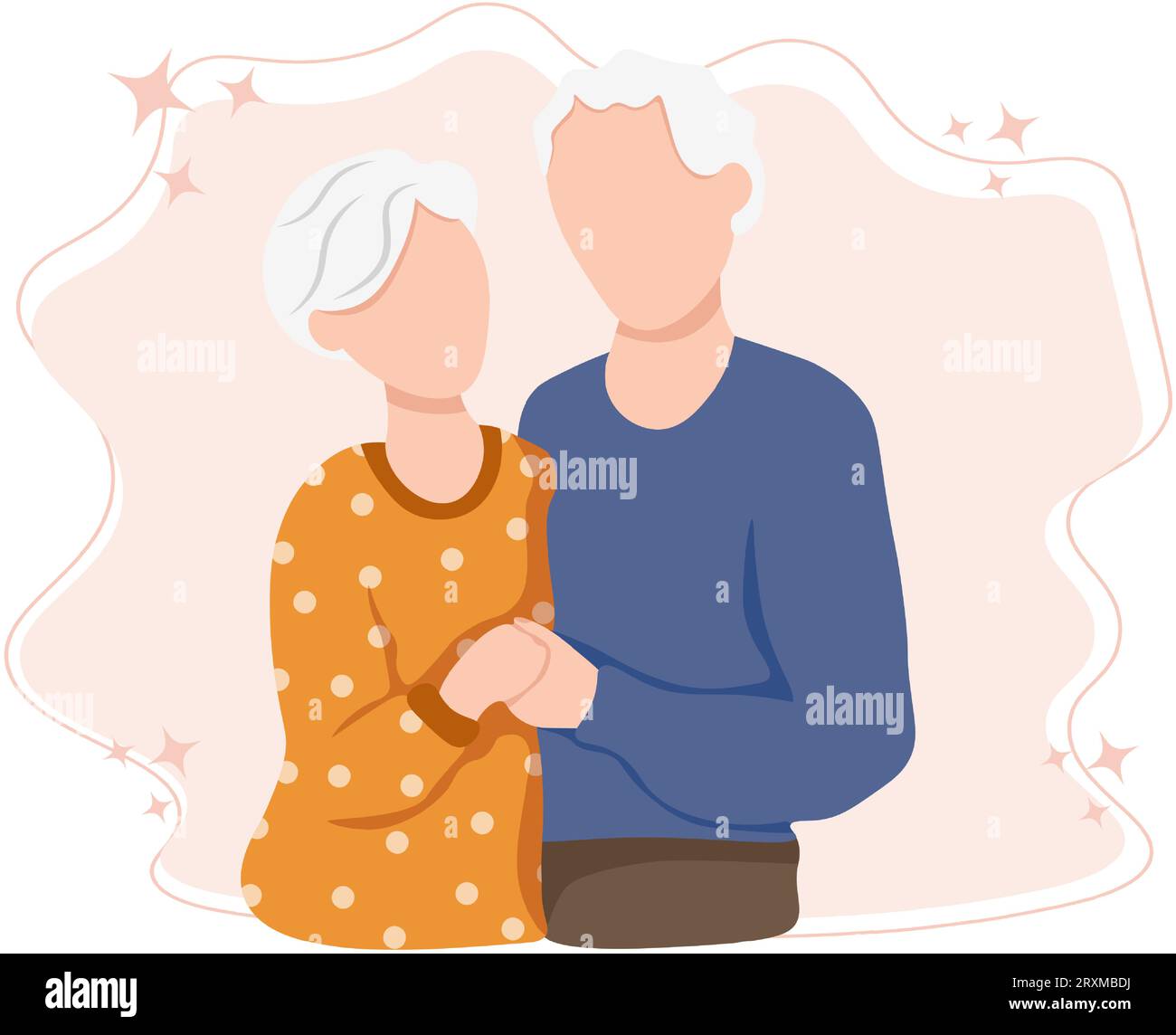 La coppia di anziani e anziani abbracciano affettuosamente. Sentirsi felice del nonno e della nonna età pensionabile. Relazioni familiari. Il concetto di lov Illustrazione Vettoriale