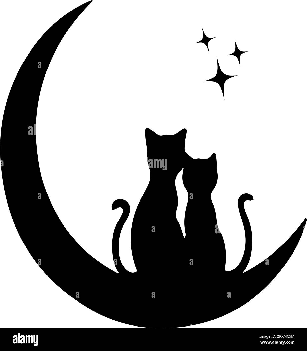 Due sagome di gatti seduti sulla luna. Personaggio dei cartoni animati. Decalcomanie da parete, opere d'arte, arte minimalista. Illustrazione vettoriale Illustrazione Vettoriale