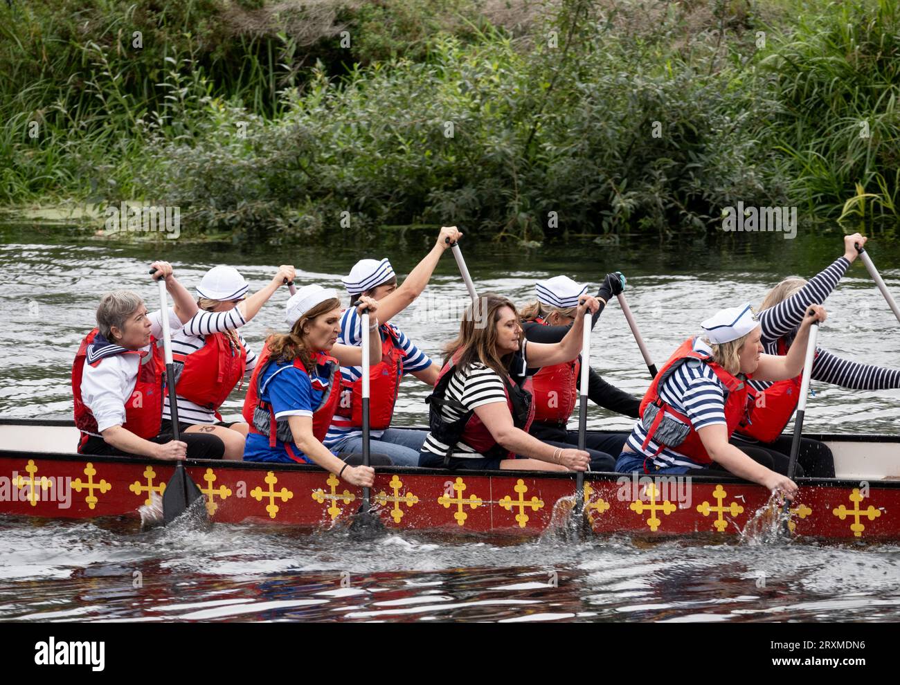 Dragon boat racing, River Avon, Warwick, Warwickshire, Inghilterra, REGNO UNITO Foto Stock