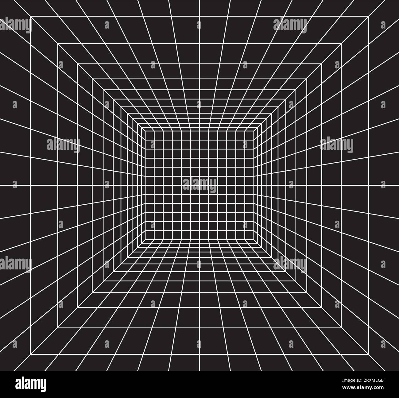 Spazio griglia in prospettiva in stile 3D. Struttura a reticolo per interni con fascio laser bianco, scatola vuota digitale. Progettazione geometrica astratta. Illustrazione vettoriale Illustrazione Vettoriale