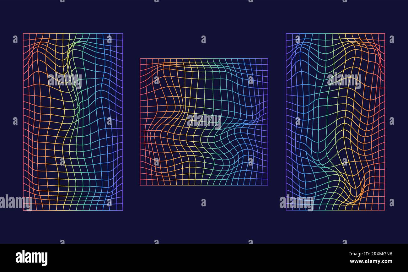 Set di mesh arcobaleno distorto.Retrowave, synthwave, rave, vaporwave.trendy stile anni '1980, '90. Illustrazione vettoriale. Illustrazione Vettoriale