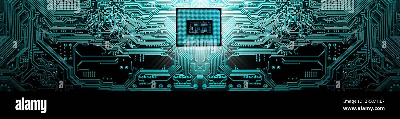 Processore su circuito scheda madre background . Componenti del computer . Sfondo panoramico Foto Stock
