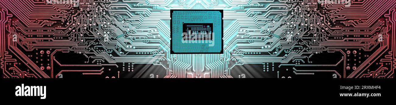 Processore su circuito scheda madre background . Componenti del computer . Sfondo panoramico Foto Stock