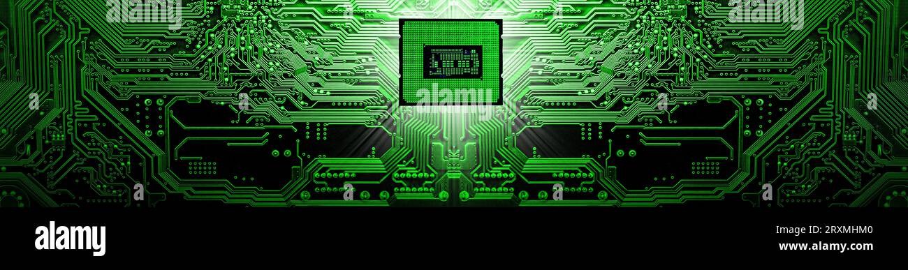 Processore su circuito scheda madre background . Componenti del computer . Sfondo panoramico Foto Stock