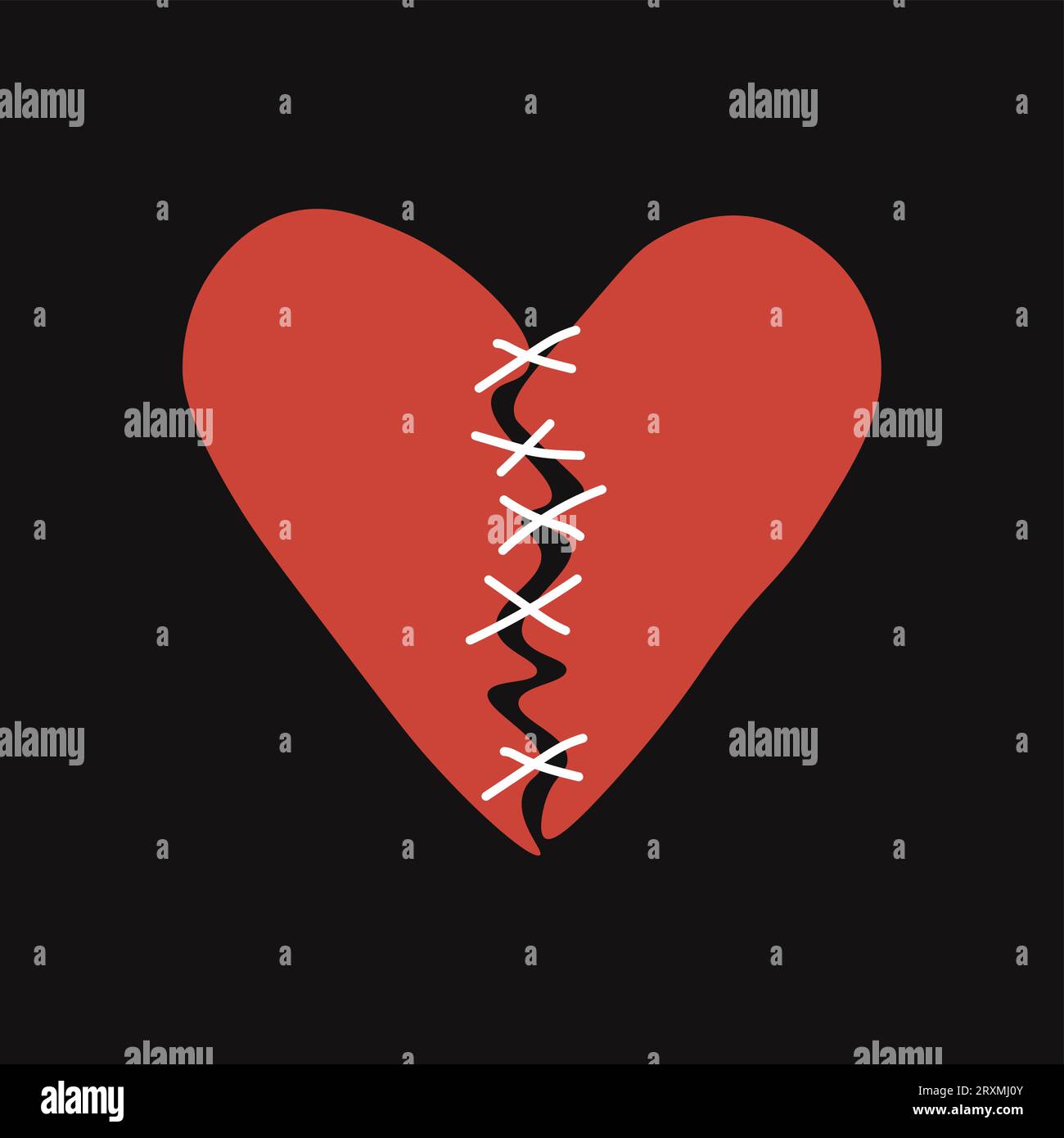 Due metà cucite con fili bianchi. Concetto di riconciliazione. Ristabilire l'amore. Isolato su sfondo nero. Illustrazione vettoriale Illustrazione Vettoriale