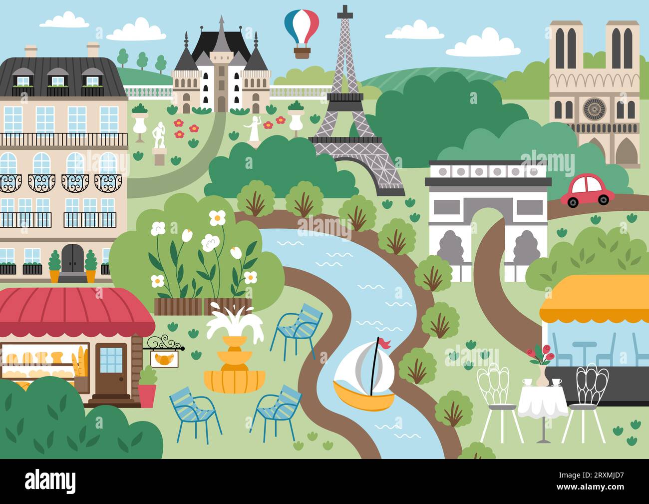 Illustrazione del paesaggio Vector Paris. Scena della capitale francese con attrazioni, edifici, Torre Eiffel, panetteria. Carino sfondo francese con fiume, campo, Illustrazione Vettoriale
