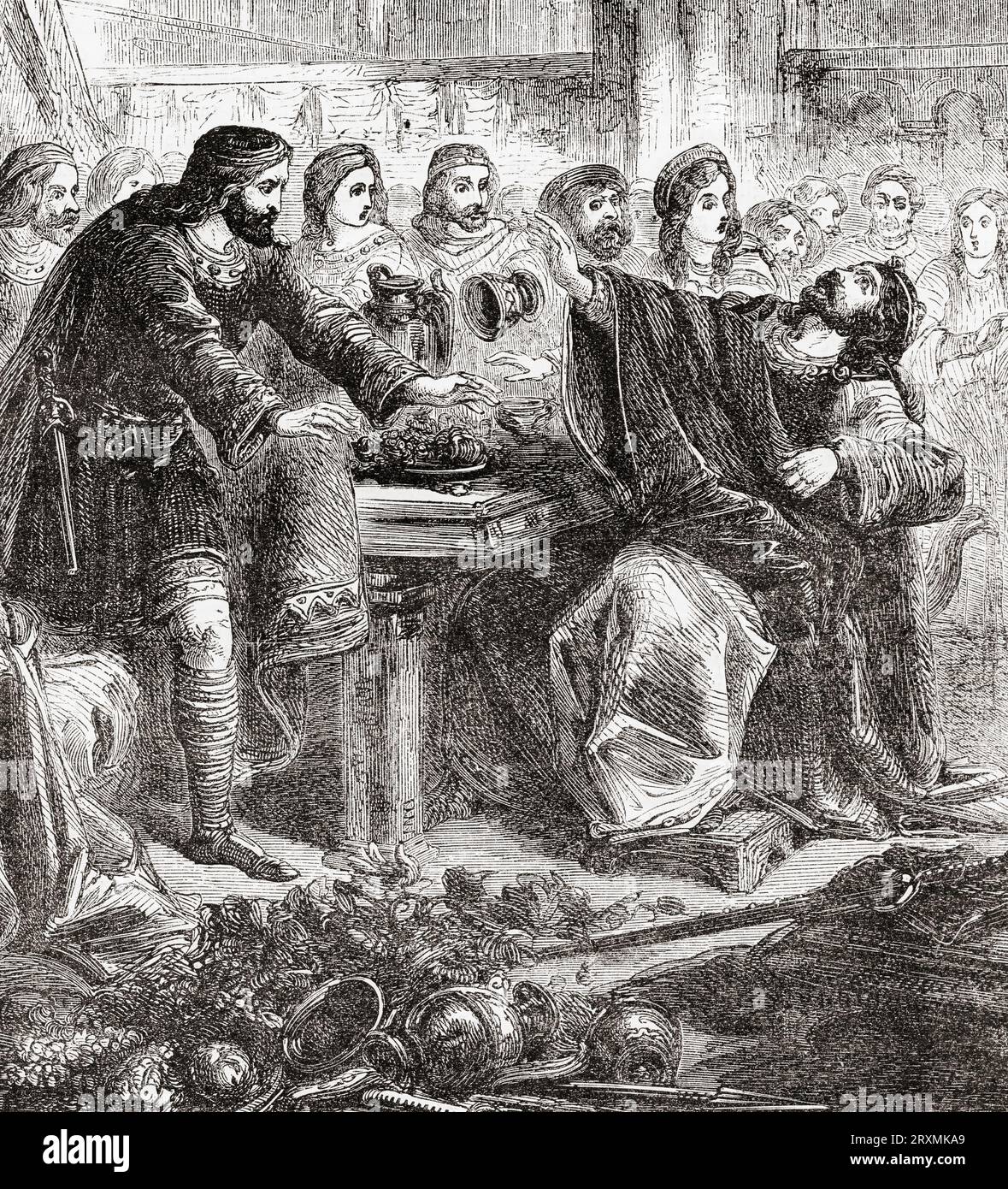 La morte di Harthacnut a causa del suo eccessivo consumo di alcol. Harthacnut, c. 1018 - 1042, alias Hardicanute, o Canuto III Re di Danimarca dal 1035 al 1042 e re degli inglesi dal 1040 al 1042. Da Cassell's Illustrated History of England, pubblicato nel 1857. Foto Stock