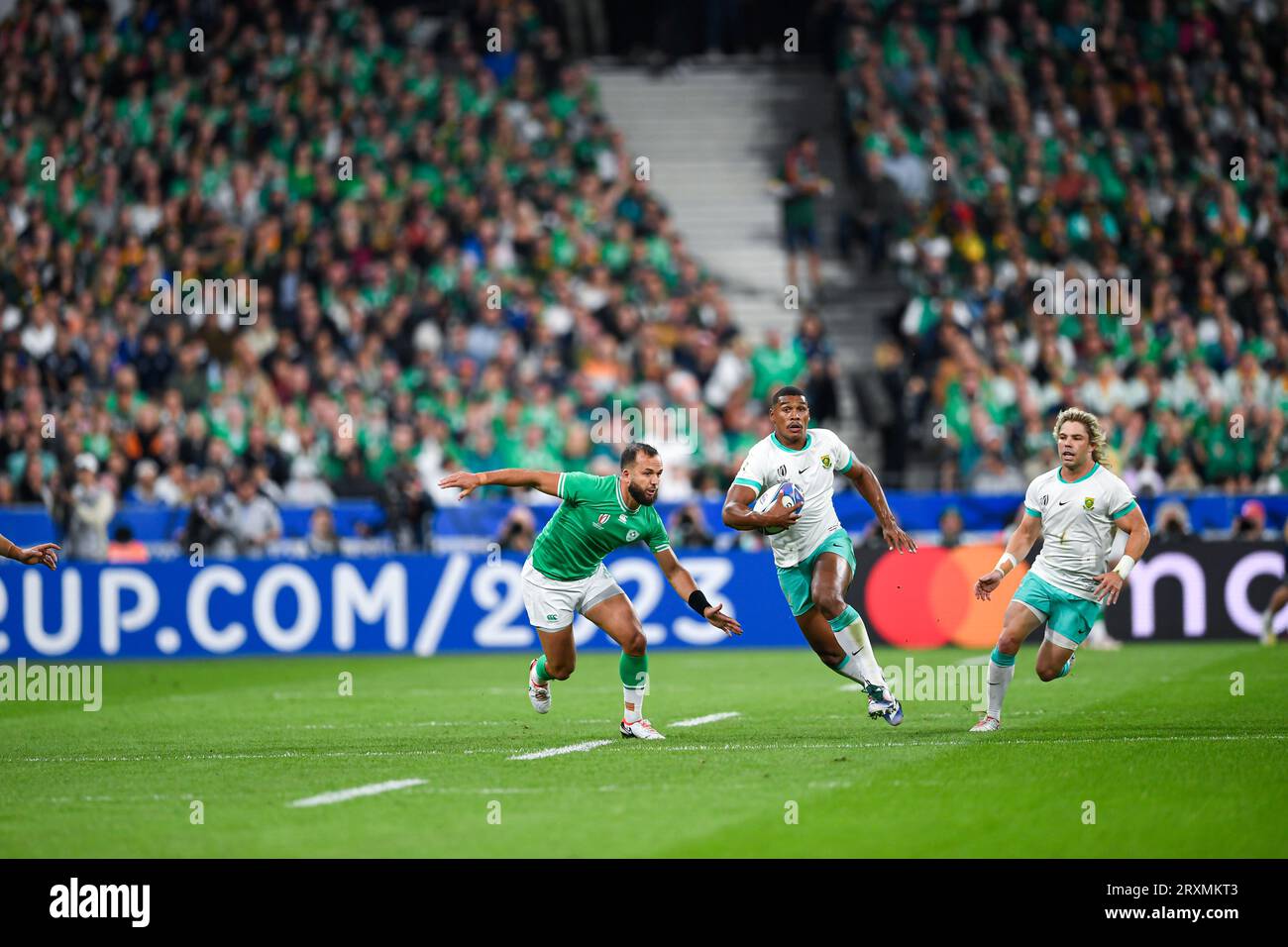 Damian Willemse e Francois FAF de Klerk durante la Coppa del mondo RWC 2023, partita di rugby a 15 tra Sudafrica (Springboks) e Irlanda il 23 settembre 2023 allo Stade de France di Saint-Denis vicino Parigi. Foto Stock