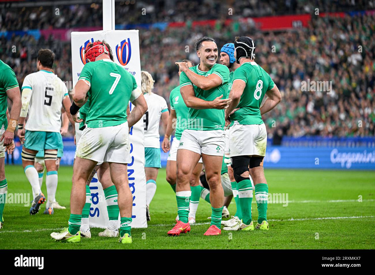 James Lowe durante la Coppa del mondo RWC 2023, partita di rugby tra Sudafrica (Springboks) e Irlanda il 23 settembre 2023 allo Stade de France di Saint-Denis vicino Parigi. Foto Stock