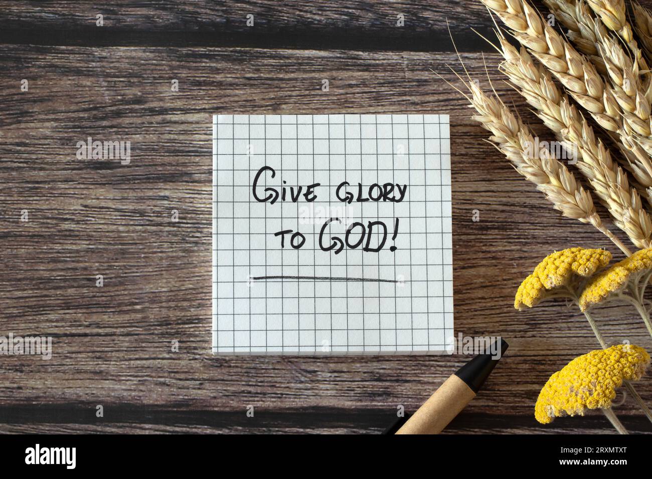 Dona gloria a Dio, citazione cristiana scritta a mano con penna, orecchie di grano maturo e fiori su legno. Vista dall'alto. Lode, adorazione, ringraziamento e benedizione. Foto Stock