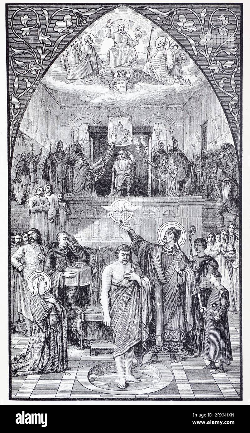 Il Battesimo di Clodoveo i (466-511), re dei Franchi il giorno di Natale 508, dopo un dipinto di Désiré Francois Laugée. Incisione da vite dei Santi di Sabin Baring-Gould pubblicata nel 1897. Foto Stock