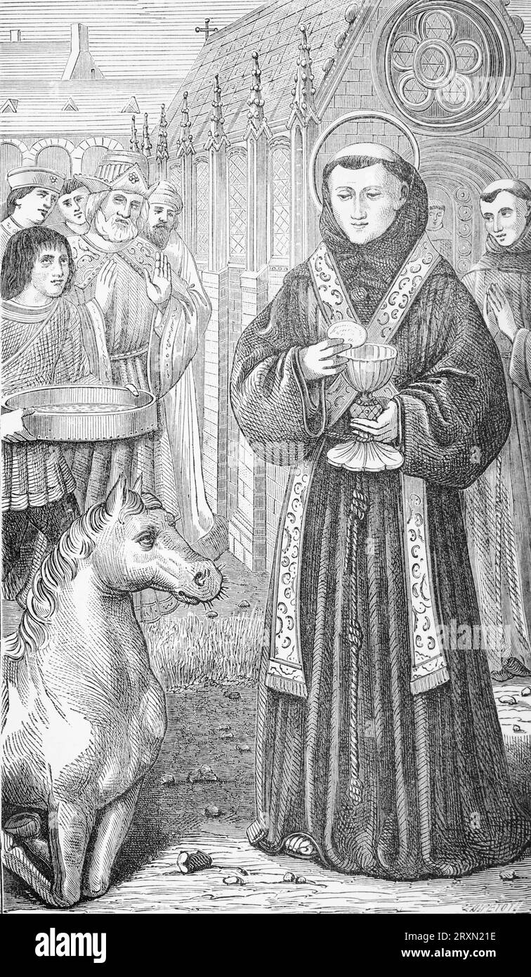 Sant'Antonio da Padova. Il miracolo dell'ospite. Incisione da vite dei Santi di Sabin Baring-Gould pubblicata nel 1897. Foto Stock