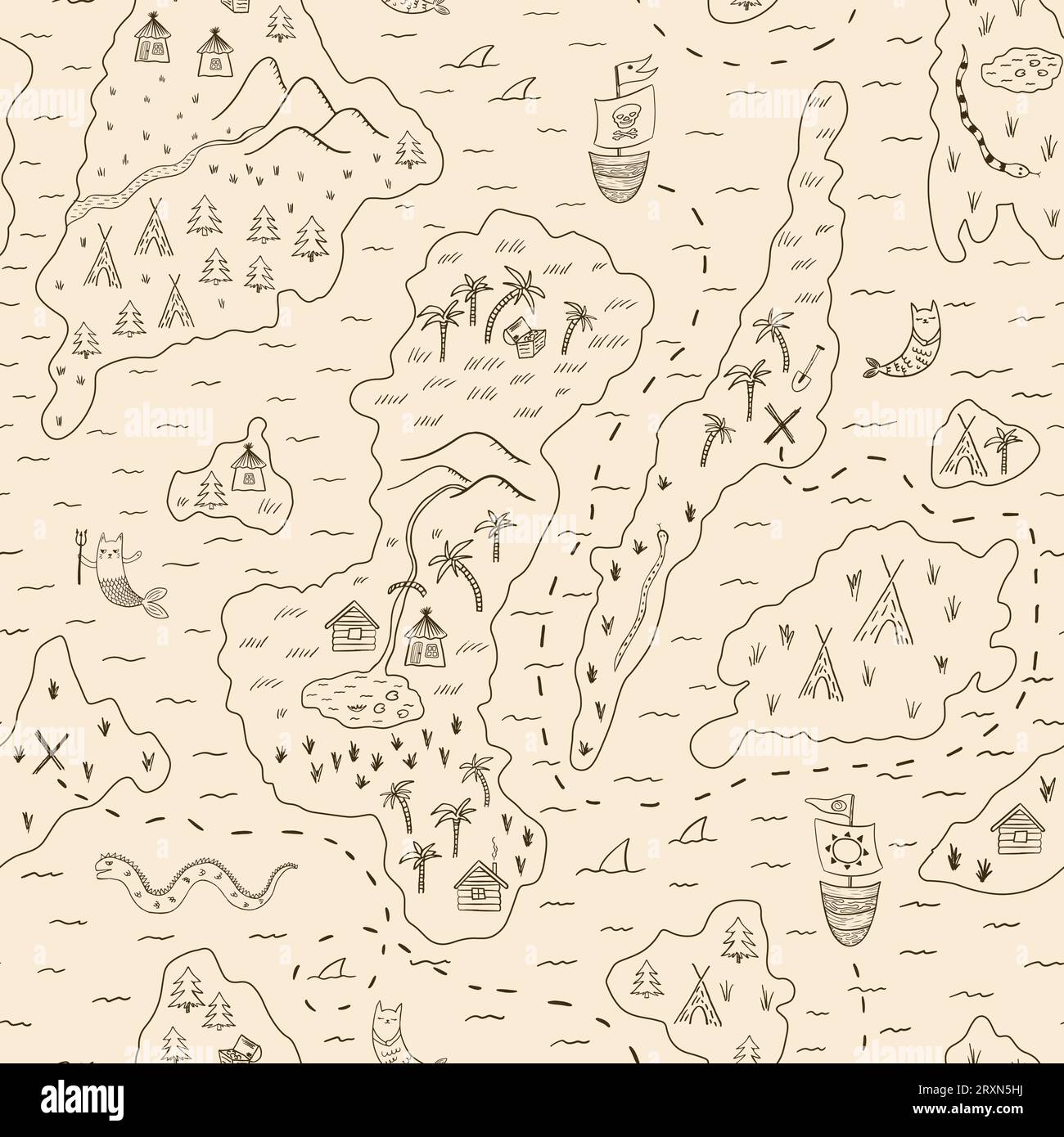 Modello vettoriale senza cuciture, cartine pirata, tessuti, carta da parati, imballaggi, album. Illustrazione vettoriale Illustrazione Vettoriale