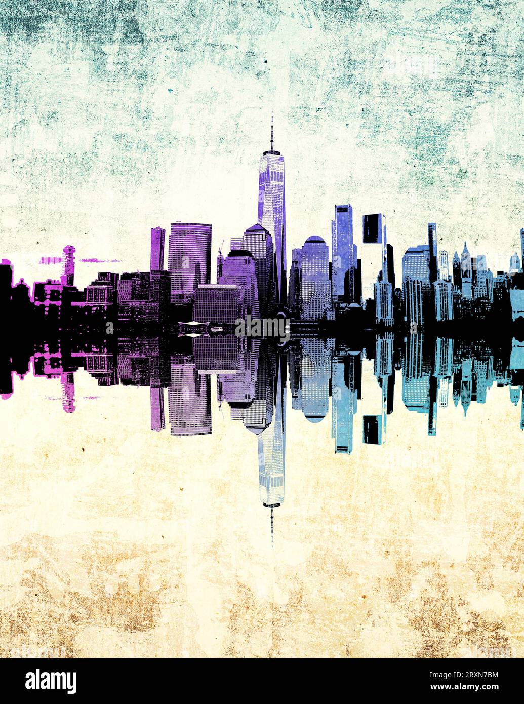 Illustrazione dello skyline di Lower Manhattan lungo il fiume Hudson. Foto Stock