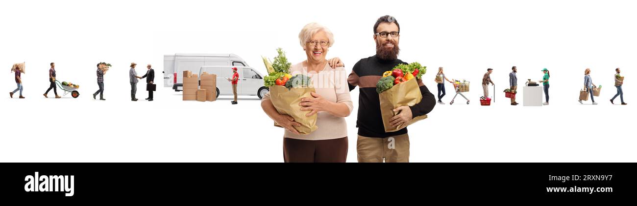 Persone con sacchetti di spesa davanti agli agricoltori che consegnano frutta e verdura isolate su sfondo bianco Foto Stock