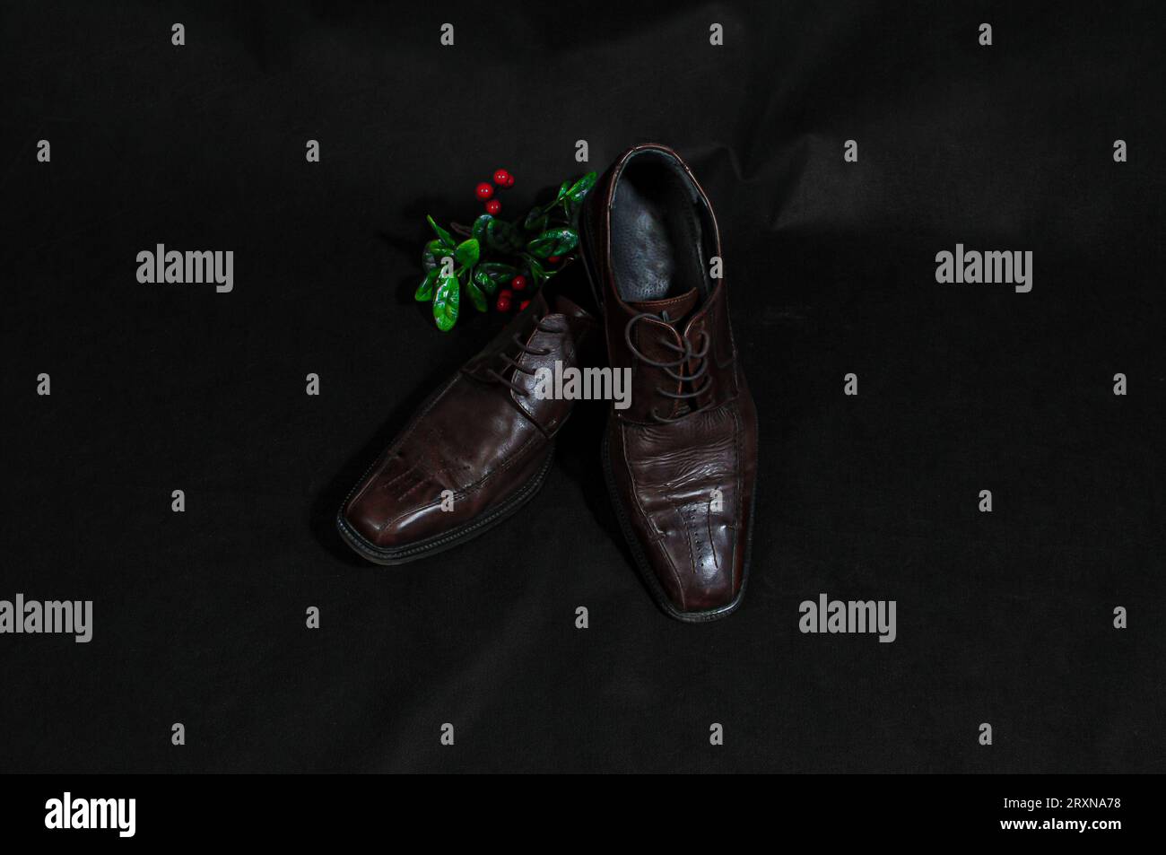 Scarpe da uomo in pelle marrone con fondo nero con bacche rosse e foglie verdi. Foto Stock
