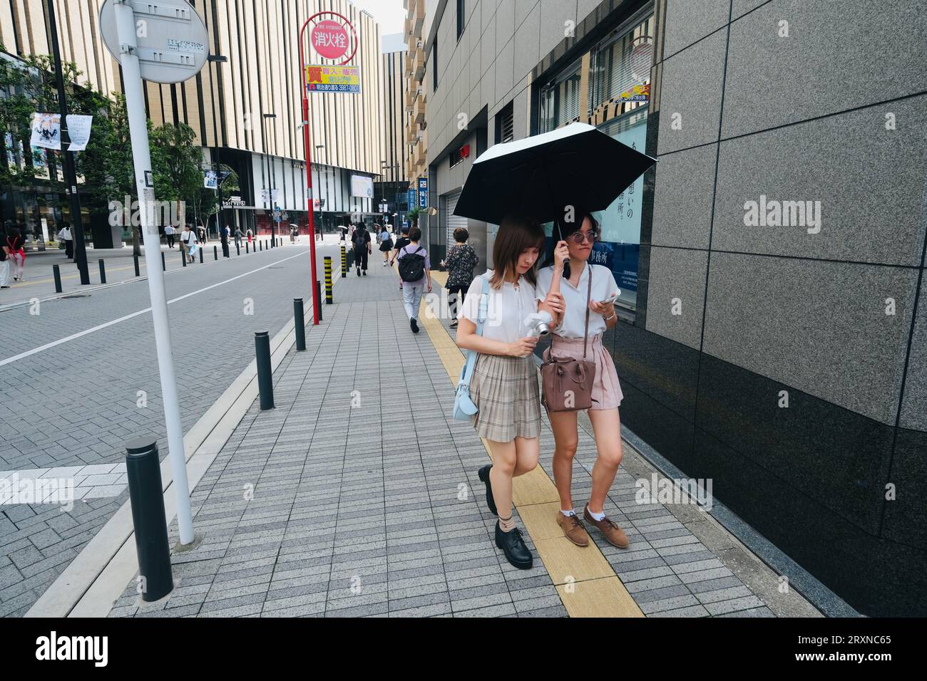 Due ragazze giapponesi attente alla moda camminano lungo il marciapiede di Ikebukuro, Tokyo, Giappone Foto Stock