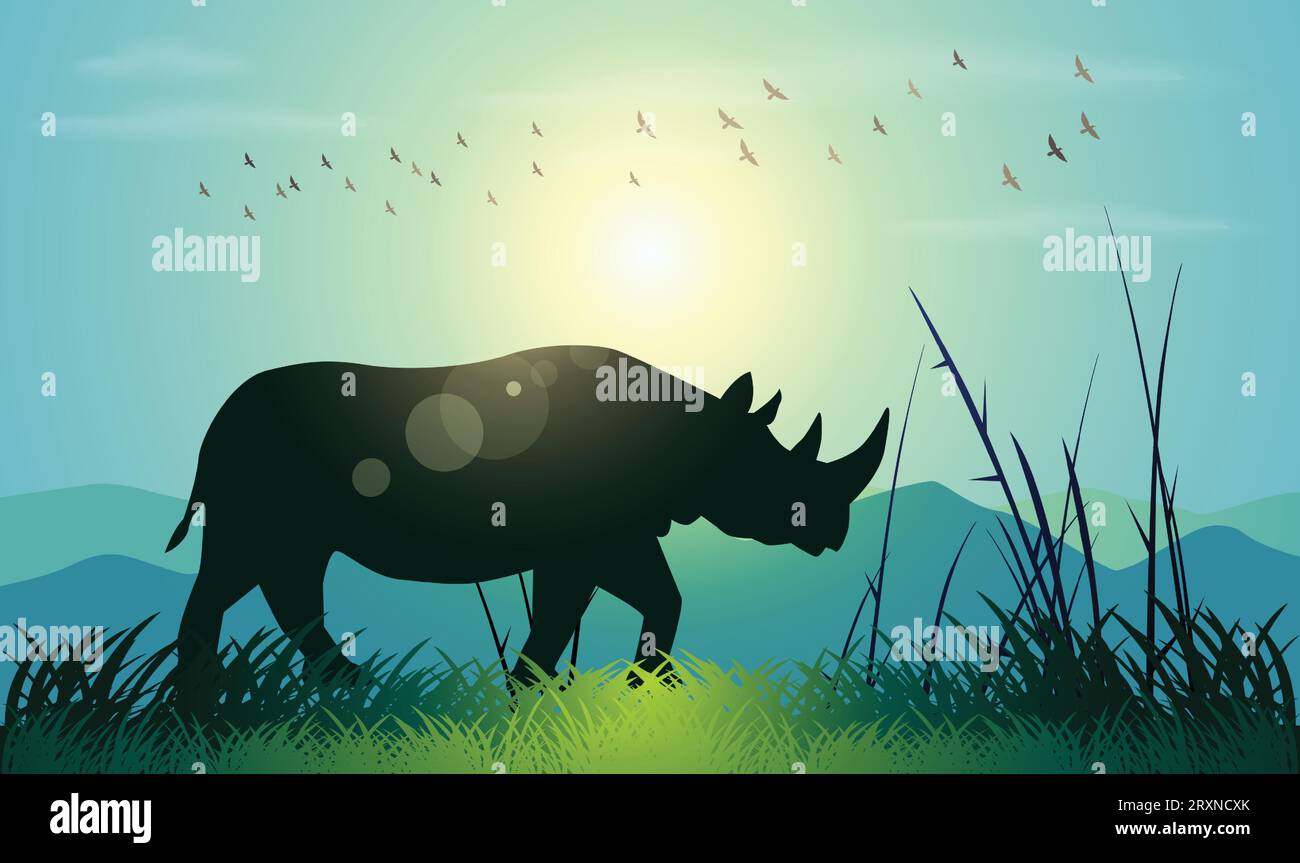Silhouette di design Rhino. Illustrazione vettoriale in stile minimalismo disegnata a mano Illustrazione Vettoriale