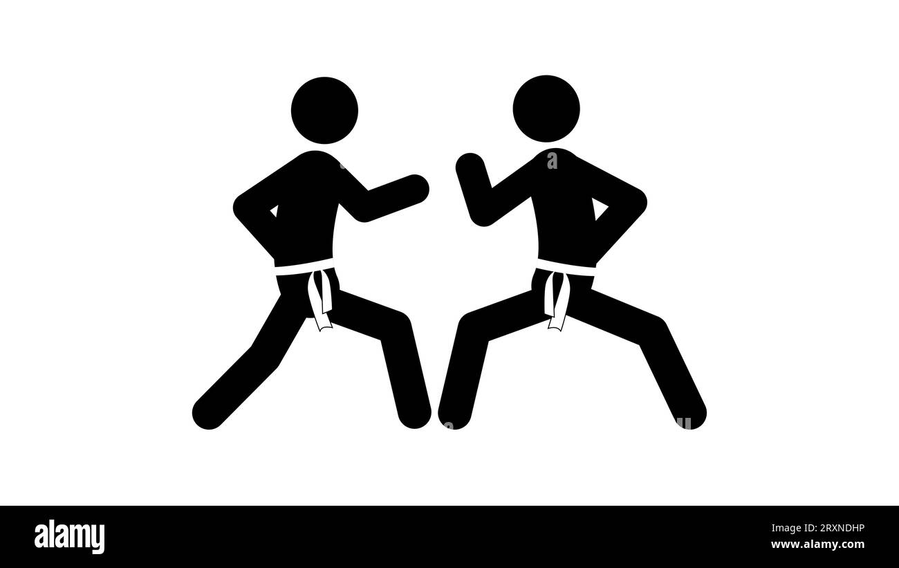 Set di personaggi a levetta, arte marziale karate, silhouette nere su sfondo bianco, illustrazione vettoriale piatta. Illustrazione Vettoriale