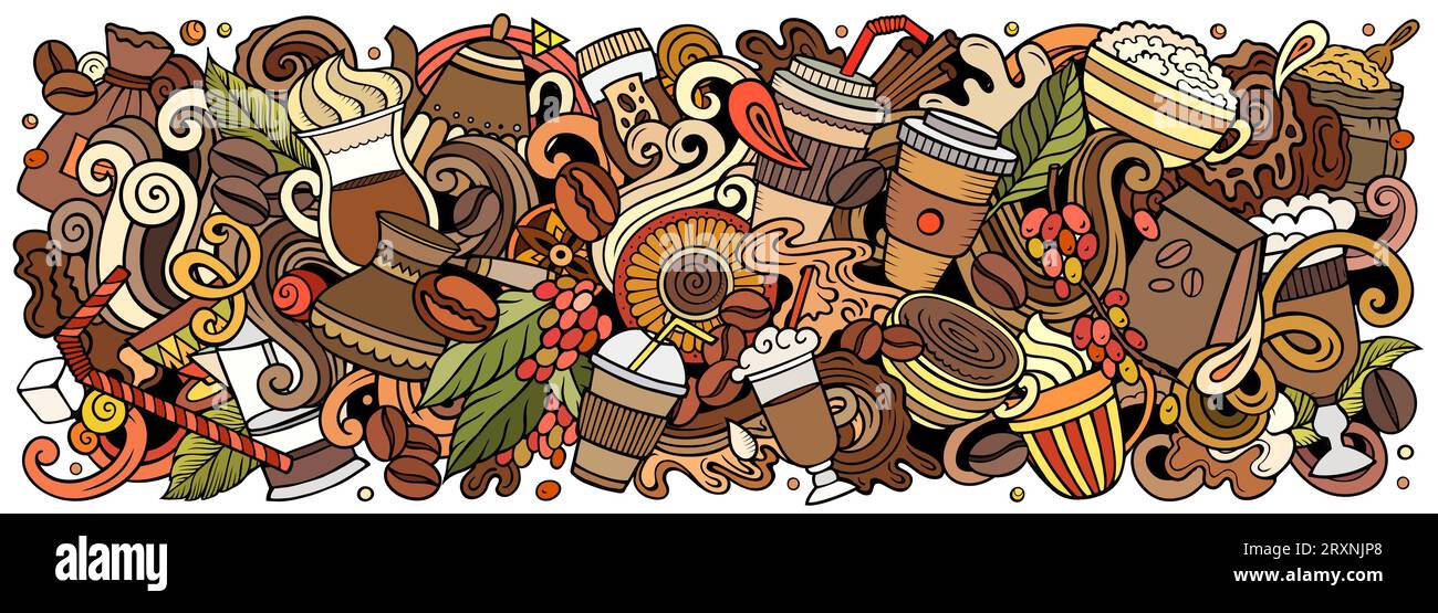 L'illustrazione dei cartoni animati per il caffè vettoriale presenta una varietà di oggetti e simboli Coffeehouse. Colori brillanti immagini stravaganti e divertenti. Illustrazione Vettoriale