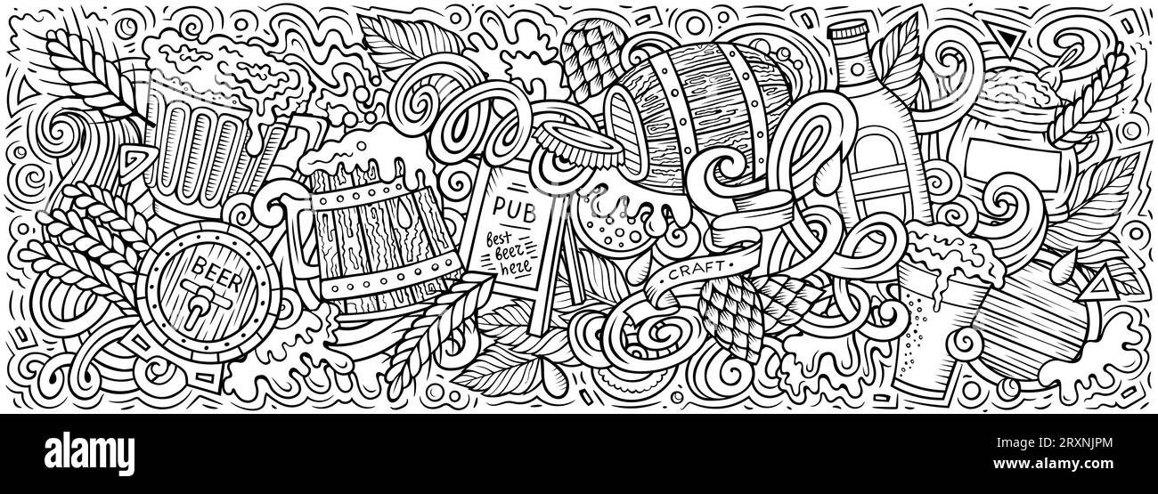 L'illustrazione del doodle della birra vettoriale dei cartoni animati presenta una varietà di oggetti e simboli dell'Oktoberfest. Immagini stravaganti e divertenti. Illustrazione Vettoriale
