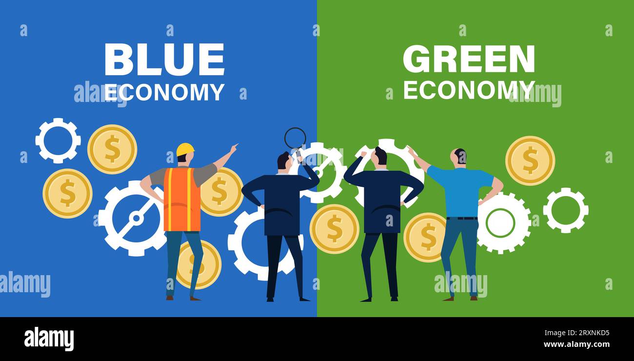 Concetto di economia blu e di economia verde di attività marine e forestali sostenibili Illustrazione Vettoriale