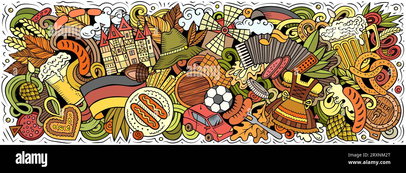 Illustrazione vettoriale con gli scarabocchi a tema Germania. Design vivace e accattivante dello striscione, che cattura l'essenza della cultura e delle tradizioni tedesche Illustrazione Vettoriale