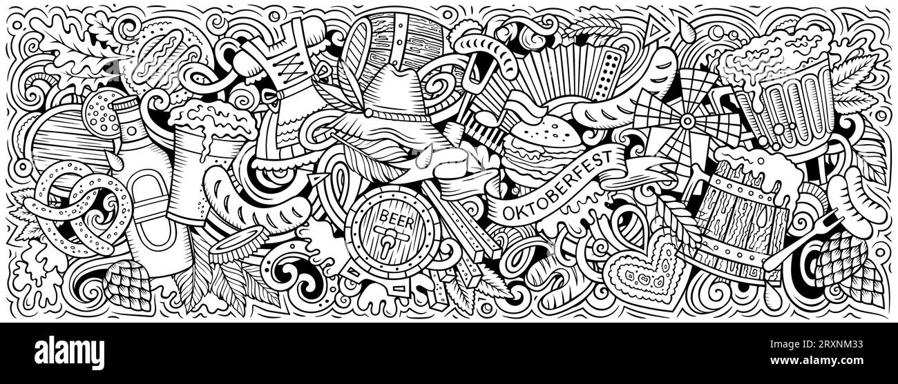 Cartoni animati Vector Beer Festival illustrazione doodle presenta una varietà di oggetti e simboli dell'Oktoberfest. Foto stravagante e divertente. Illustrazione Vettoriale