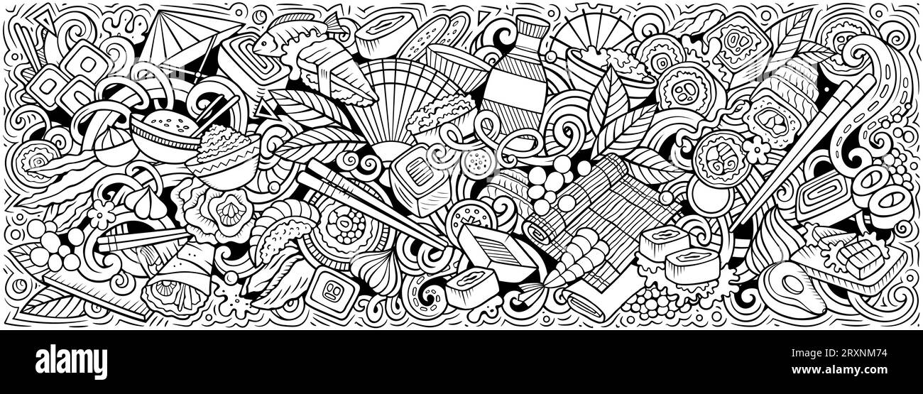 Illustrazione del doodle Sushi vettoriale dei cartoni animati presenta una varietà di oggetti e simboli della cucina giapponese. Immagini stravaganti e divertenti. Illustrazione Vettoriale