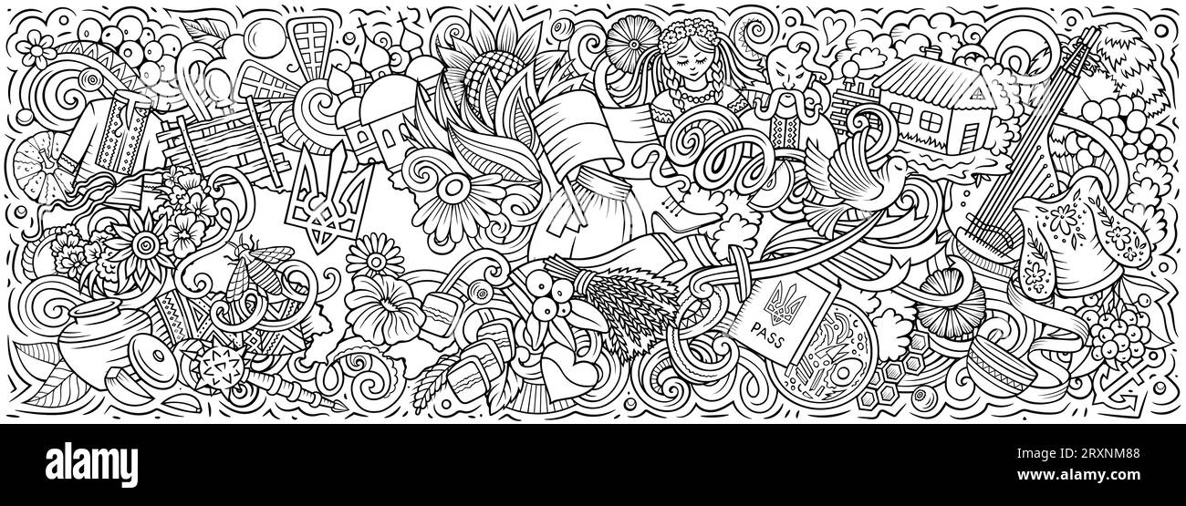 Illustrazione vettoriale con scarabocchi a tema Ucraina. Design vivace e accattivante dello striscione, che cattura l'essenza della cultura e delle tradizioni ucraine Illustrazione Vettoriale