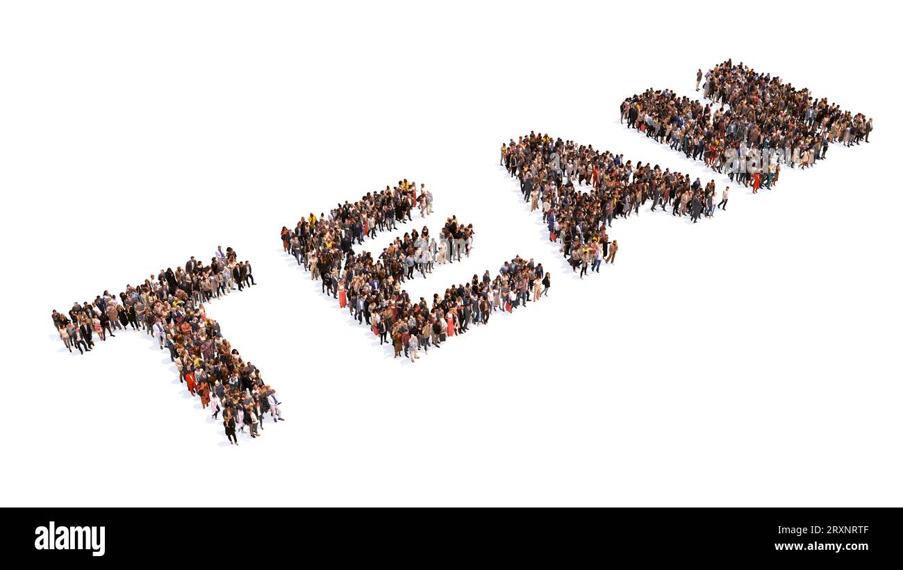 Grande comunità concettuale di persone che formano parola DI SQUADRA. 3d metafora illustrativa per il business, il lavoro di squadra, la gestione, la cooperazione, l'idea, soluzione Foto Stock