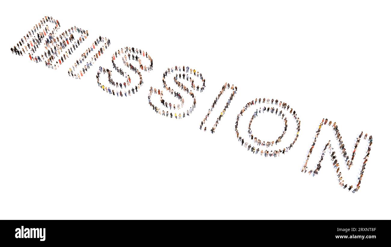 Concetto o grande comunità concettuale di persone che formano la parola MISSIONE. metafora dell'illustrazione 3d per la visione e la motivazione, la sfida, la crescita Foto Stock